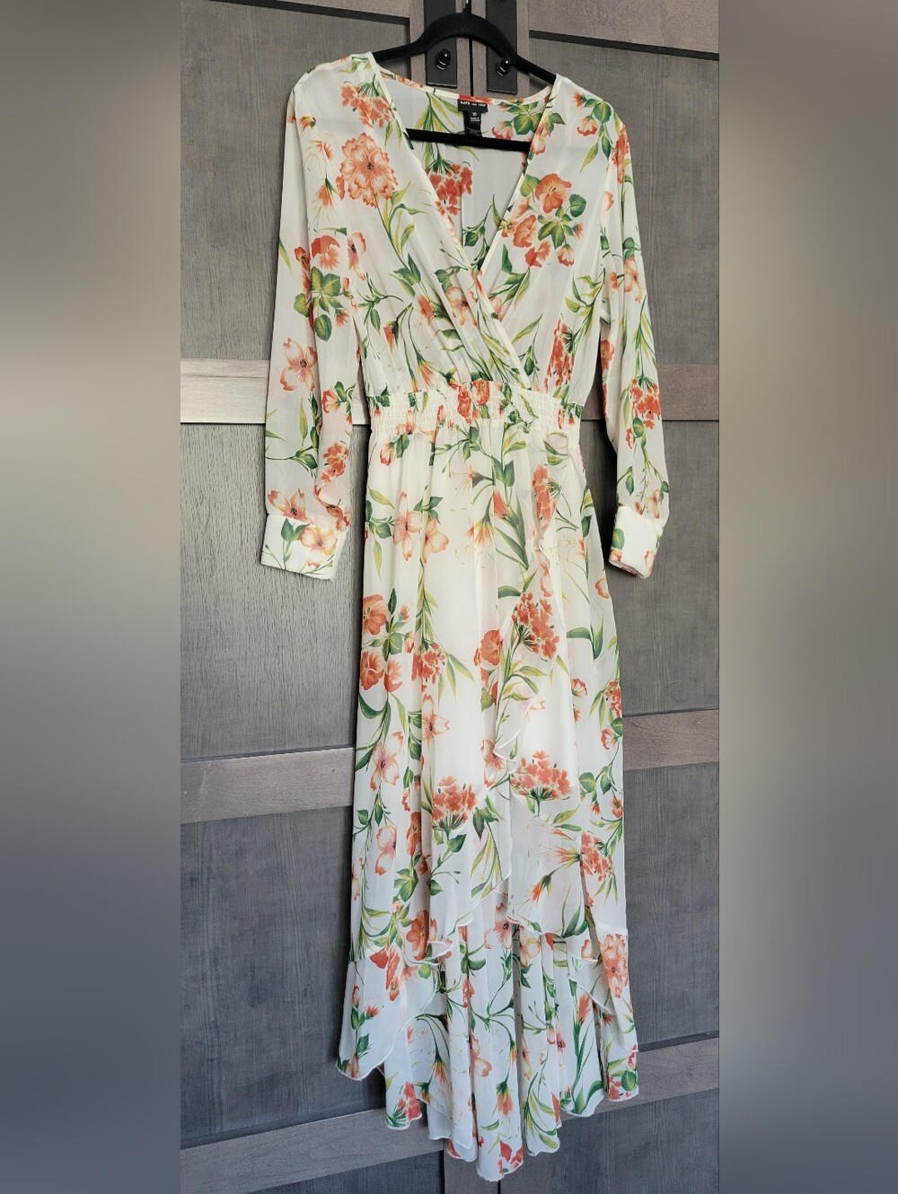 Kate And Lilly Floral Wrap Maxi Dress in White with Coral Blooms